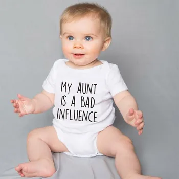 2021 Moja Teta Je Slabo Vpliva Baby Bodysuit Srčkan Kratka Sleeved Novorojenčka Fant Dekle Onesies Igralne Obleke Telo Otroška Oblačila