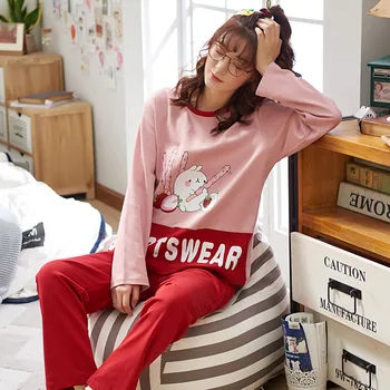 MELIFLE Pomlad Toplo Rdeče Pajama Kompleti za Ženske Atoff Doma korejski Kawaii Sleepwear Jeseni Mode Bombaž Saten Mehko More
