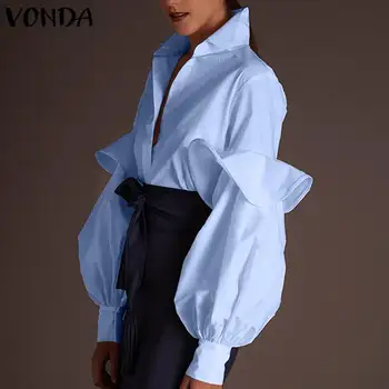 Seksi V Vratu Vrhovi 2021 VONDA Mujer Plus Velikost Blusas Ženske Bluze Dolgo Latern Sleeve Solid Srajce Femme Delo Blusas Svoboden Vrhovi