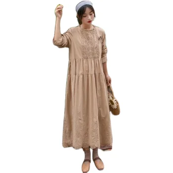 2020 jeseni obleko ženske vezene bombaž perilo šivanje dolgo ohlapno obleko