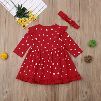 Malčka Baby Dekle Obleko z Dolgimi Rokavi Srce Ljubezni, Tiskanje Princesa Rdeče Obleke Trakovi valentinov Dni Oblačila