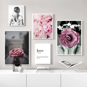 Sodobno Abstraktno Dekle Stenske Slike za Dnevni Sobi Pink Peony Cvet Ljubezni Platno, Saj Plakat Dekoracijo Sten Umetnost Slikarstvo