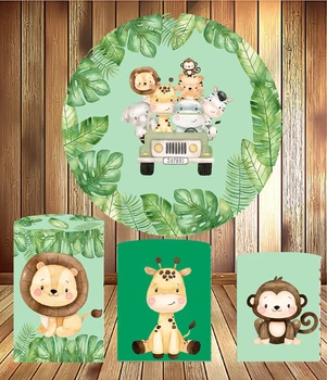 Krog v ozadju krog robu Džungle prostoživečih živalskih tabela zajema rojstni dan torto dekoracijo banner plinth vinil tkanine