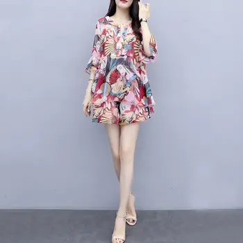 Poletje ženske določa dve kosov ženske bluzo in kratke hlače pregledno tiskanje s lepršav oblačila ženski top in panites korejskem slogu