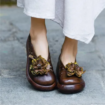 VALLU Ročno usnjeni ženski čevlji za pomlad in poletje novih cvetje etnične klin pete debelo dno udobno votlo luknjo čevlji