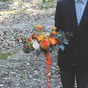 JaneVini Letnik Poroko Oranžna Šopek za Nevesto 2020 Ročno izdelanih Svilenih Vrtnic Poročne Rože Jeseni Poročni Šopek Dodatki