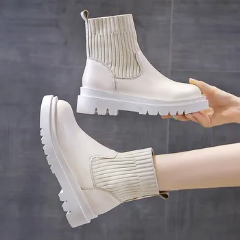 Škornji Ženska Slip-On Čevlje, Ženska Moda, Pleteno Elastično Krog Toe Kratek Platforma Čevlji Kvadratni Petah Usnje Škornji Ženske