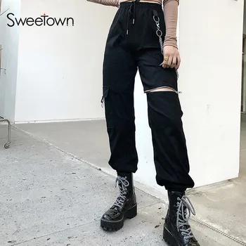 Sweetown Goth Black Tovora Hlače Ženske Punk Stil Kovinske Verige E Dekle Oblačila Zip Odprite Hipi Elastična Visoko Pasu Ulične Jogger