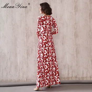 MoaaYina Modni Oblikovalec vzletno-pristajalne Steze obleko Pomlad Jesen Ženske obleke Letnik Tiskanja Slim Maxi Obleke