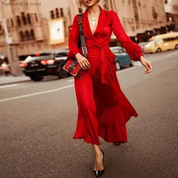 Plus Velikost 3XL Ženske Elegantne V Vratu Satenasto Obleko z Dolgimi Rokavi Barva Večer Stranka Obleko