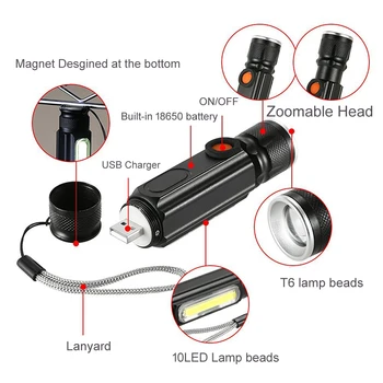 Polnilnik USB LED Svetilka 18650 3800LM baterijska Svetilka, Polnilne 4 Načini Zoomable Taktično XML T6 COB Magnet Prostem Kampu Lanterna