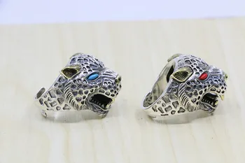 925 srebra sterling srebro leopard velik ring, širok obraz moškega retro prstan nastavljiv