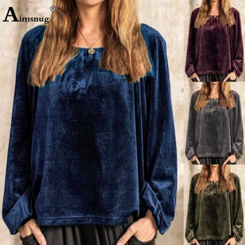 Aimsnug Plus velikost 3xl Barva 2020 Pomlad Jesen korejski Žamet Vrhovi Ženske Priložnostne Modra Siva Vinatge T-shirt Ženska Oblačila