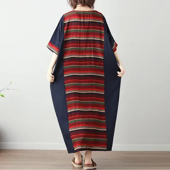 Johnature 2021 Poletje Letnik Plus Velikost Ženske Obleke Obleke Nove Priložnostne Mozaik Prugasta Ohlapno Obleko Batwing
