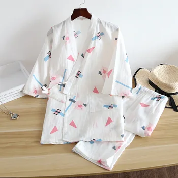 Japonski Sakura kimono Bombaž Gaza Ženske Pižame Določa Pižamo Srčkan Vrh+Hlače 2Pcs Pijamas mujer Sleepwear Domov Oblačila