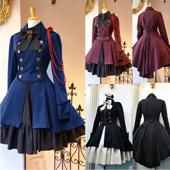 2021 Letnik Gothic Lolita Obleko OP Ruffle Lok kravato Gumb Čipke Koleno Dolžina Obleko z Dolgimi Rokavi Sweet Oblačenja