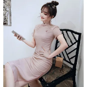 Ženske Tradicionalno Kitajsko Vezene Stretch Bombaž Mehko Cheongsam Obleke Metulj Vzorec Slim Qipao Poletje Kitajska Obleka