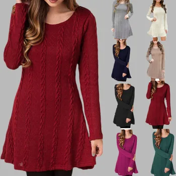 Ženske Trdna Pleteno Obleko Pulover Obleko okoli Vratu Dolg Rokav Vestidos 2020 Jeseni Elegantna Plus Velikost 5XL 8 Color Mini Obleke