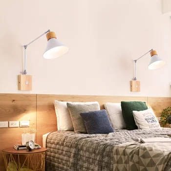 Sodoben nordijski lesa, stenske svetilke s stikalom bedhead postelji stenske luči nastavljiv spalnica soba dekoracijo doma E27 110v 220v