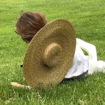 Elegantno Naravnih 18 cm Velik slamnik z Čipke Široko Roba Kentucky Derby Ženske Klobuk Traku Dekle Poletje, Sonce Zaščite Plaži Klobuk