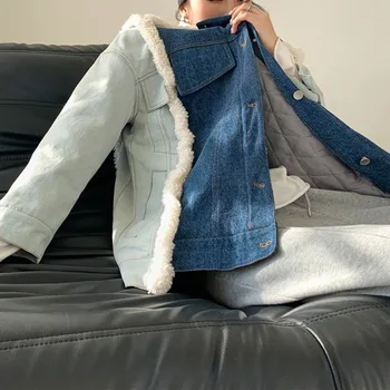 Korejska Različica Japonski Suknjič Moda Priložnostne Zgostitev Toplo Preplete Kontrast Ponaredek Dve Lambswool Plašč
