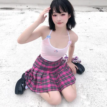 Harajuku vroče dekle črne sladko srčkan JK Naguban Kariran Krilo Mehko dekle y2k, visoka vitka Japonski Kawaii Rose Pink kariran krilo