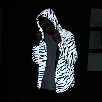 Plesalka, pevka uspešnosti oblačila Zebra Odsevni Trak Plašč Pari Modni pulover s kapuco Moški ženske Windbreaker Suknjič Cardigan