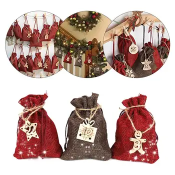 (24PCS Vrečko Set) Božični Adventni Koledar Vrečko Lesene Oznaka Darilni Embalaži Bag Koledarja Božič DIY Trajne Vrvica za opaljivanje tega Darilne Vrečke