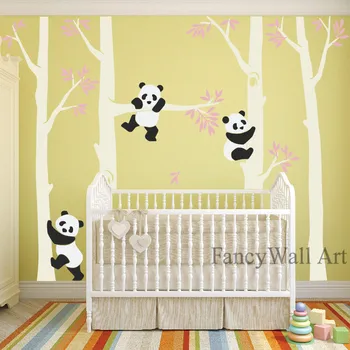 Velika Breza Drevo Z Panda vinilna, Panda, vinilne Nalepke,Drevo za Otroka Vrtec, Otroci ali Otroci Soba Decals