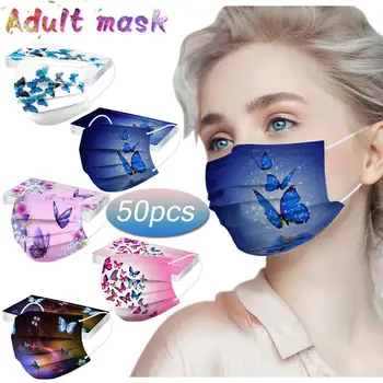 50 Kos Enkratno Uporabo Maske Odraslih Metulj Tiskanje 3 Plasti Moda Usta Maske Mascarillas Zaščitne Maske Za Ženske, Moške