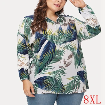 Poletje plus velikost majica 5XL 6XL 7XL 8XL moda plus velikost ženske river šivanje čipke tiskanja ohlapen pulover