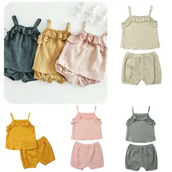 Newborn Baby Dekle Poletnih Oblačil Barva Ruffle Telovnik Vrhovi+Kratke Hlače 2pcs Obleke Sunsuit Set