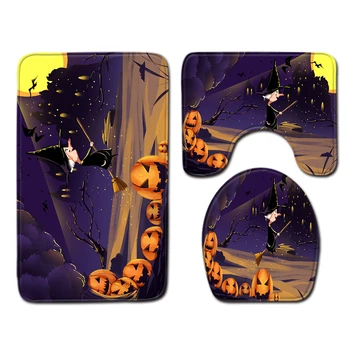 Halloween Pumpkin Lantern Čarovnica Kopel Mat Nastavite, Kopalnica, Wc, Tuš Preprogo Preproge 3 kos/set Flanela Anti-slip Kopel Mat Določa
