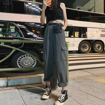NiceMix Črna Visok Pas Širok Noge Tovora Hlače Ženske Žepi Svoboden Ulične Korejski Pantalon 2020 Moda Hip Hop Femme Hlače