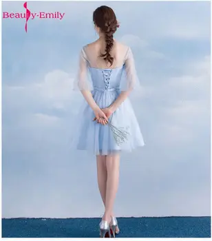 Lepota Emily Kratek Čipke Modra Družico Obleke 2019 A-Linijo brez Rokavov Čipke Off Ramo Stranki Poroka Maturantski ples Obleke