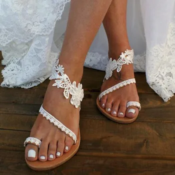 Poletni ženski Sandali 2020 Ženski Slip-on Ravno Čevlji Seksi Bele Čipke Roman Sandali Sandalias Mujer Sapato Feminino Plus Velikost