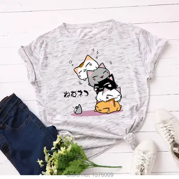 Japonska Igre Poletje T Shirt Neko Atsume Mačka Mijav Femme T-shirt Harajuku Slog Šola Dekleta Priložnostne Vrhovi Shein Mujer Tee S-5XL