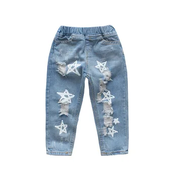Pomlad in poletje novo otrok luknjo Pentagram Star tiskanje jeans fantje in dekleta ohlapne dolge hlače za otroke nižje oblačila