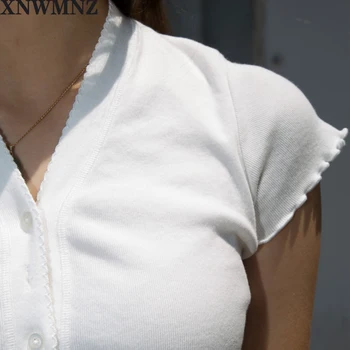 XNWMNZ za harajuku Center Gumbi tshirt Ulične White V Vratu Crop Tops Moda Kratkimi Rokavi Ženske T-shirt