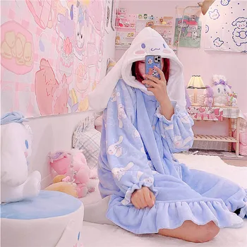 Japonski Sladko Pozimi Cinnamoroll Pajama Flanela kopalni plašč ženski Plašč Pozimi Srčkan Zajec Ušesa Dolgo Ruffles Sleepwear Nightdress