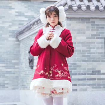 Kitajski slog han element jeseni, pozimi sweet lolita plašč češnje cvetovi žaba boeknot stojalo študent suknji kawaii dekle plašč