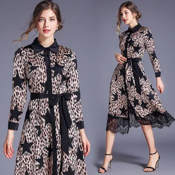 Banulin Jeseni, Pozimi Ženske Retro Dolg Rokav Čipke Mozaik Dolgo Obleko 2019 Fashion Star Leopard Tiskanja Slim Midi Shirt Obleko