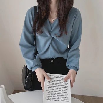 Korejski Moda Za Ženske Črna/Modra Bluzo Jeseni Proti-Vrat Majice Z Dolgimi Rokavi Ženske Letnik Svoboden Twist Vrhovi Priložnostne Novo 2020
