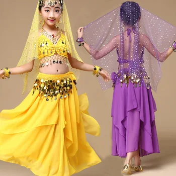 4PCS/Set Dekleta Indijski Ples Trebuh Kostume Otrok Halloween Kostum Otroci Gypsy Egiptovski Uspešnosti Kažejo Stranka Šifon Obleke