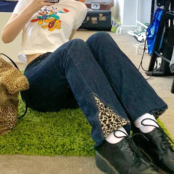 Egirl Letnik Mozaik Leopard, Tiskanje Slim Kavbojke Straight Y2K Moda Visoko Pasu Dolge Hlače Punk Stil Demin Hlače