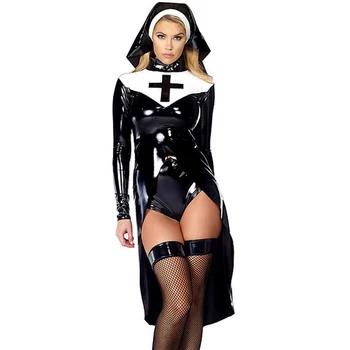 Halloween cosplay M, L, XL Modni Črno Ženske seksi nune kostum Vinil Usnje Cosplay Halloween Kostum W850640
