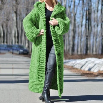 2020 Jesen Zima Hooded Prevelik Plus Velikost Puloverji Debel Toplo Jopico Ženske Pletene Coats Svoboden Dolgo Površniki Pleteninah