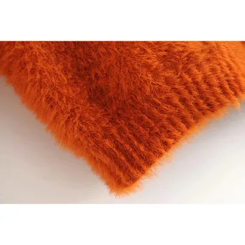 Chic Vintage Oranžna Umetno Mink Odrezana Brezrokavniki Ženske Modni O-Vratu Beloprsi Singl Pulover Priložnostne Ženski Zgornji Deli Oblačil