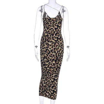 Kriptografske 2020 Pomlad Leopard Brez Rokavov Seksi Proti-Vrat Midi Obleka Ženske Modni Ulične Klub Stranka Trakov Bodycon Obleke