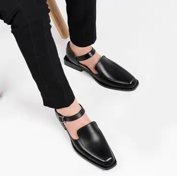 Pravega Usnja Sandali Poletje Moških Obleko, Čevlje, Modno Kvadratnih Toe poslovnih sandali Votlih Dihanje Britanski Trend Moški Sandali